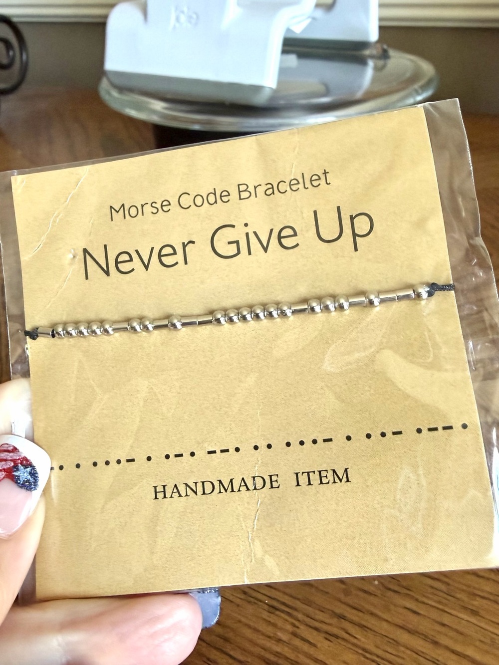 Never Give Up' Morse Code slider Bracelet - Silver & black inspirational NEW